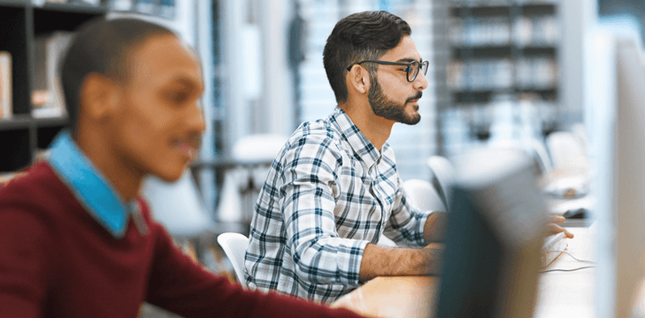 Two colleagues working on computers in library.